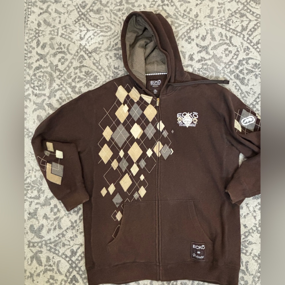Ecko Unlimited Brown Argyle Zip-Up Hoodie